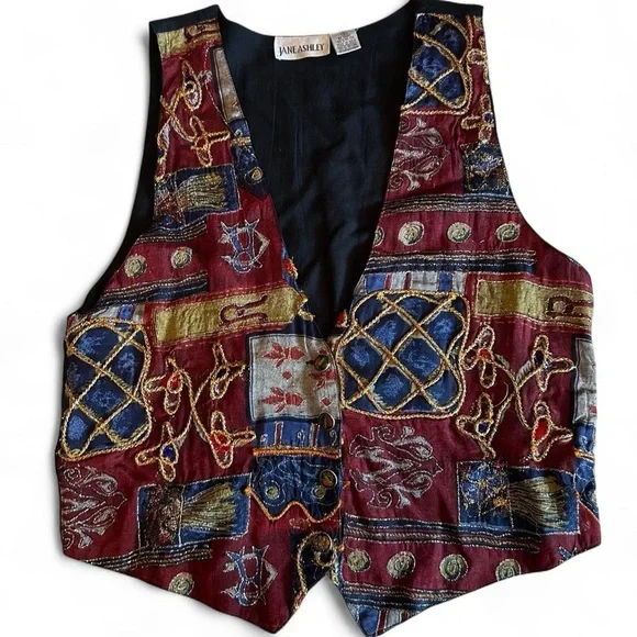 Vintage 80s Baroque Tapestry Vest - Boho Embroidered Gold Statement Piece (S) - Picture 1 of 8